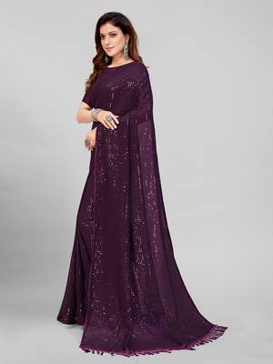 Purple Coloured Sequined Embroidered Georgette Saree with Blouse Piece 3