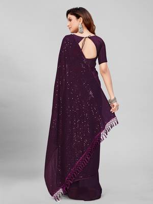 Purple Coloured Sequined Embroidered Georgette Saree with Blouse Piece 4