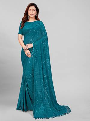 Teal Blue Coloured Sequined Embroidered Georgette Saree with Blouse Piece 2