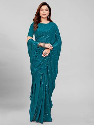 Teal Blue Coloured Sequined Embroidered Georgette Saree with Blouse Piece 3