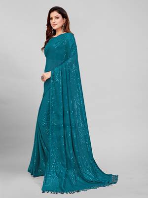Teal Blue Coloured Sequined Embroidered Georgette Saree with Blouse Piece 4