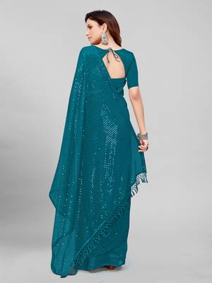 Teal Blue Coloured Sequined Embroidered Georgette Saree with Blouse Piece 5