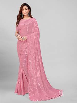 Peach Pink Coloured Sequined Embroidered Georgette Saree with Blouse Piece 2