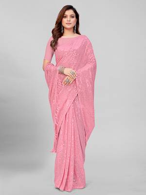 Peach Pink Coloured Sequined Embroidered Georgette Saree with Blouse Piece 3