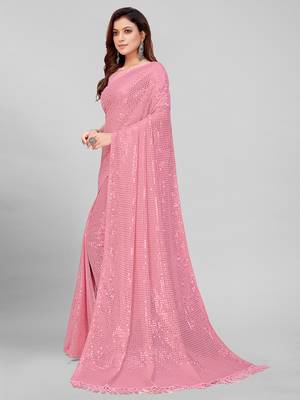 Peach Pink Coloured Sequined Embroidered Georgette Saree with Blouse Piece 4