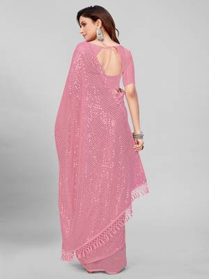 Peach Pink Coloured Sequined Embroidered Georgette Saree with Blouse Piece 5