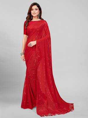 Red Coloured Sequined Embroidered Georgette Saree with Blouse Piece 1
