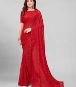 Red Coloured Sequined Embroidered Georgette Saree with Blouse Piece