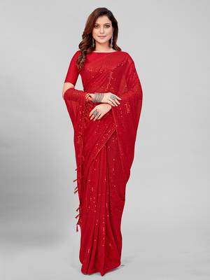 Red Coloured Sequined Embroidered Georgette Saree with Blouse Piece 2