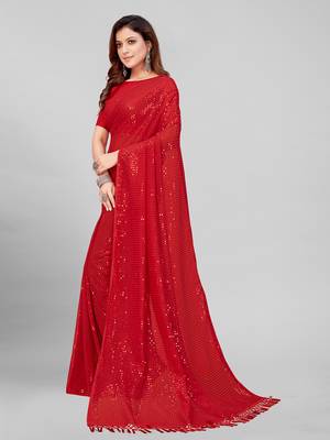 Red Coloured Sequined Embroidered Georgette Saree with Blouse Piece 3