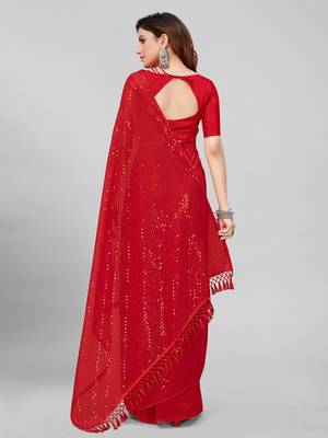 Red Coloured Sequined Embroidered Georgette Saree with Blouse Piece 4