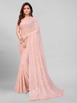 Rose Pink Coloured Sequined Embroidered Georgette Saree with Blouse Piece 1