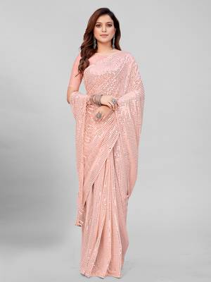 Rose Pink Coloured Sequined Embroidered Georgette Saree with Blouse Piece 2
