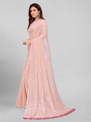 Rose Pink Coloured Sequined Embroidered Georgette Saree with Blouse Piece 3