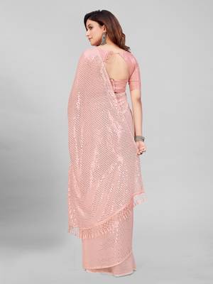 Rose Pink Coloured Sequined Embroidered Georgette Saree with Blouse Piece 4