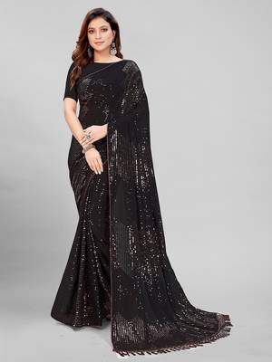 Black & Brown Coloured Sequined Embroidered Georgette Saree with Blouse Piece 1