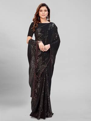 Black & Brown Coloured Sequined Embroidered Georgette Saree with Blouse Piece 2