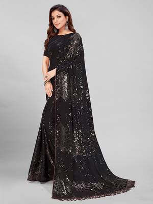 Black & Brown Coloured Sequined Embroidered Georgette Saree with Blouse Piece 3