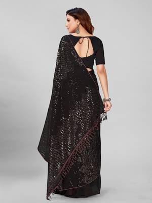 Black & Brown Coloured Sequined Embroidered Georgette Saree with Blouse Piece 4