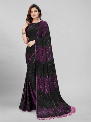 Black & Purple Coloured Sequined Embroidered Georgette Saree with Blouse Piece 1