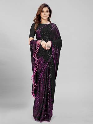 Black & Purple Coloured Sequined Embroidered Georgette Saree with Blouse Piece 2