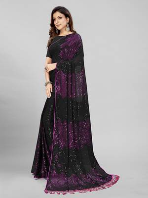 Black & Purple Coloured Sequined Embroidered Georgette Saree with Blouse Piece 3