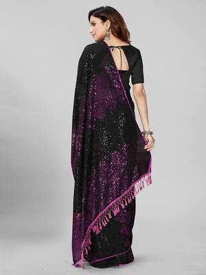 Black & Purple Coloured Sequined Embroidered Georgette Saree with Blouse Piece 4