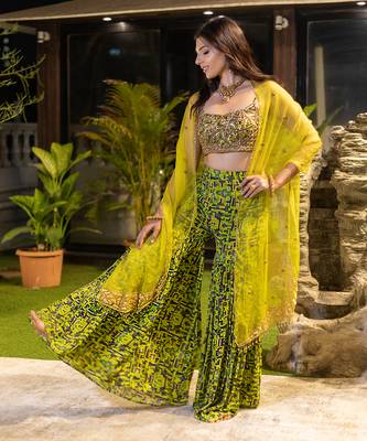 Green Choli Shararas With Organza Cape 3