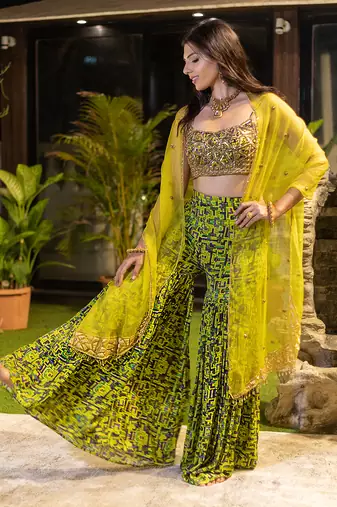 Green Choli Shararas With Organza Cape