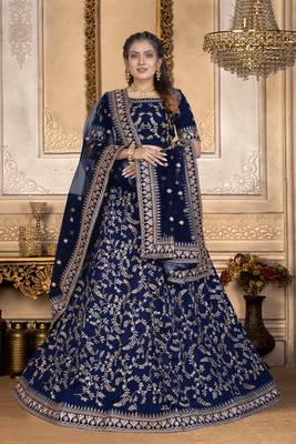 Bollywood  Taffeta Silk Navy Blue Embroidery Sequence Lehenga Choli 1