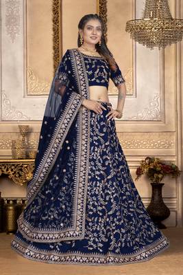 Bollywood  Taffeta Silk Navy Blue Embroidery Sequence Lehenga Choli 2