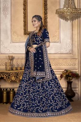 Bollywood  Taffeta Silk Navy Blue Embroidery Sequence Lehenga Choli 3