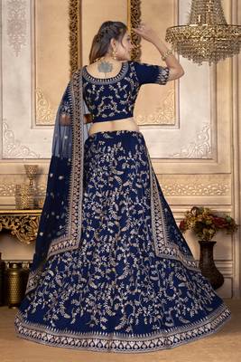 Bollywood  Taffeta Silk Navy Blue Embroidery Sequence Lehenga Choli 4