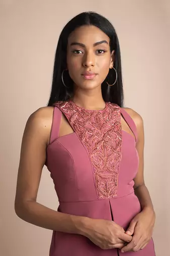 Rose Pink Bell Bottoms And Embroidered Jacket Top