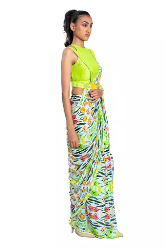 Neon Green Raw Silk Plain Saree With Blouse