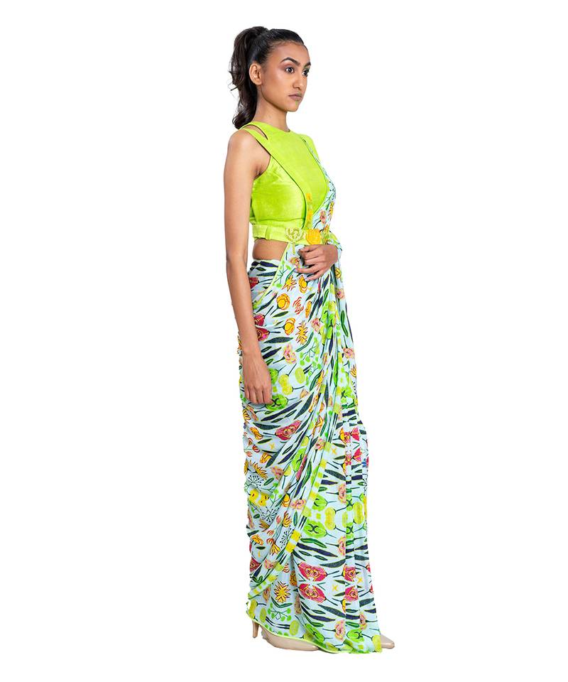 Neon Green Raw Silk Plain Saree With Blouse