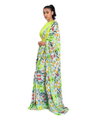 Neon Green Raw Silk Plain Saree With Blouse 5