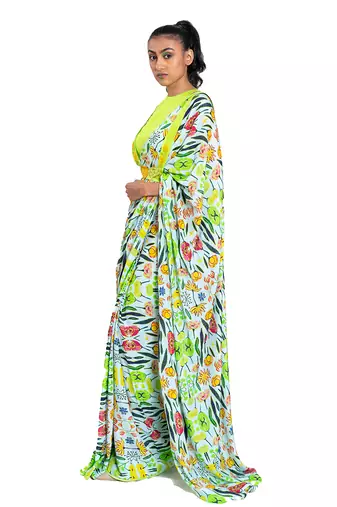Neon Green Raw Silk Plain Saree With Blouse