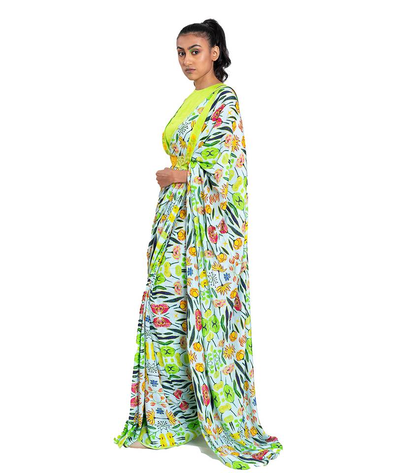 Neon Green Raw Silk Plain Saree With Blouse