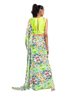 Neon Green Raw Silk Plain Saree With Blouse 6
