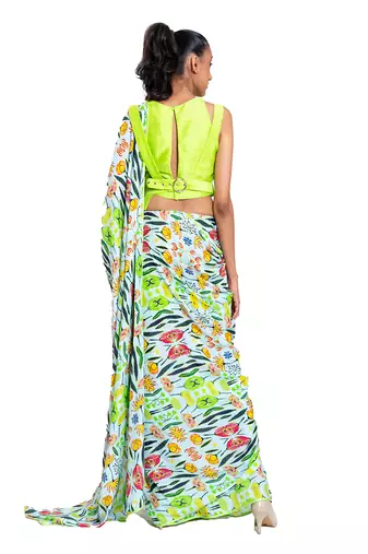 Neon Green Raw Silk Plain Saree With Blouse