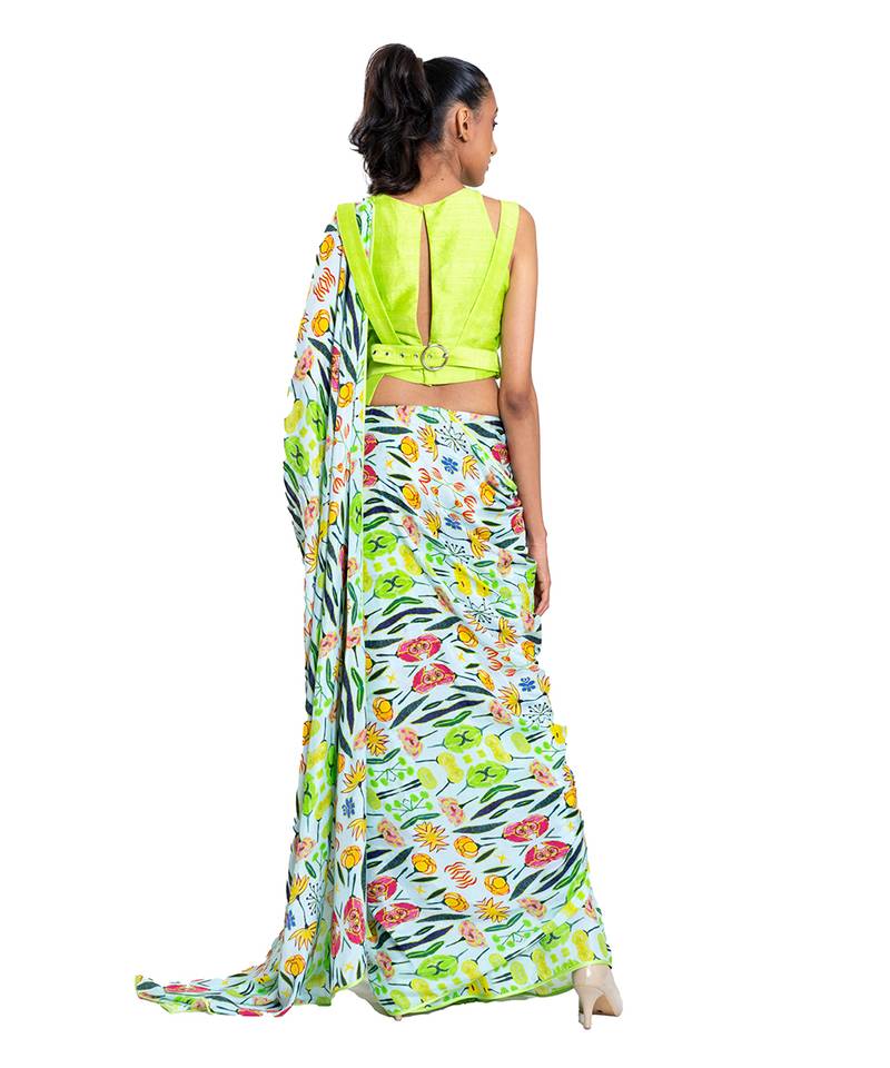 Neon Green Raw Silk Plain Saree With Blouse