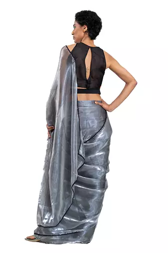 Grey Organza Plain Saree With Blouse