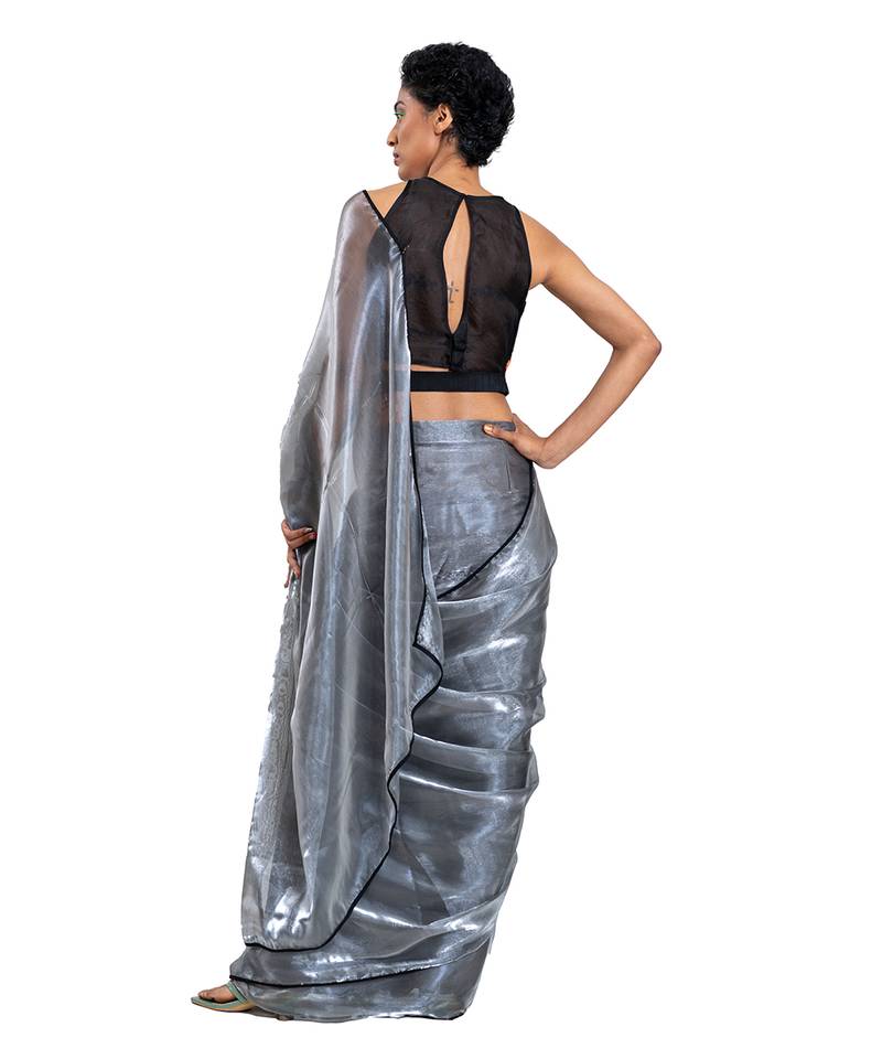 Grey Organza Plain Saree With Blouse