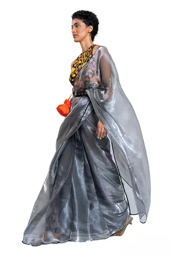 Grey Organza Plain Saree With Blouse