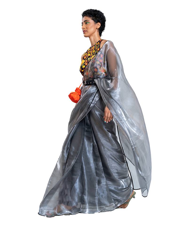 Grey Organza Plain Saree With Blouse