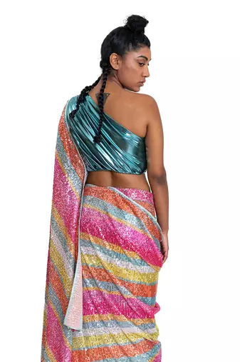 Multicolour Metallic Lycra Plain Saree With Blouse