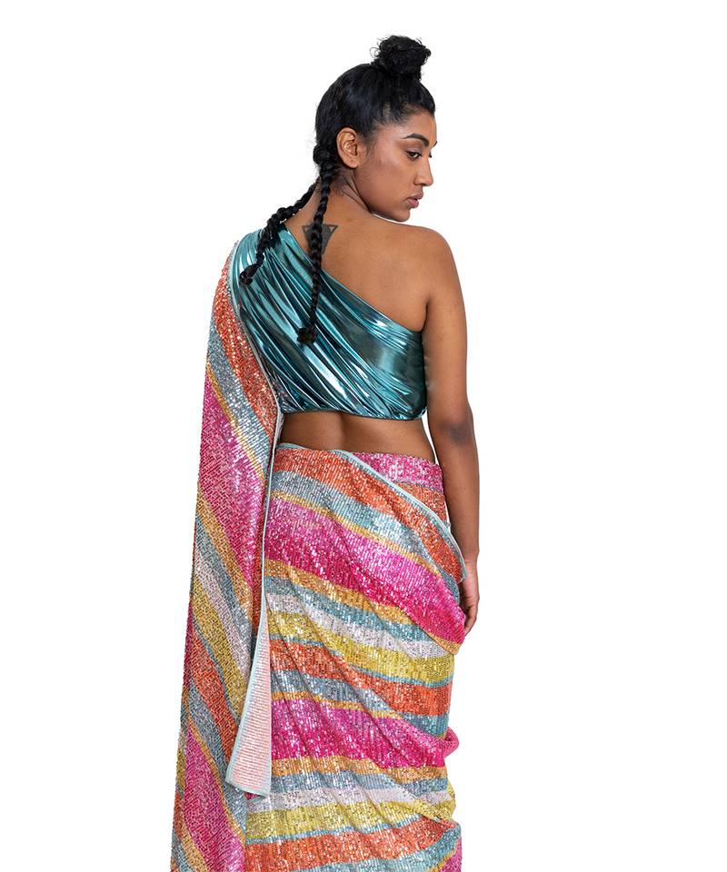 Multicolour Metallic Lycra Plain Saree With Blouse