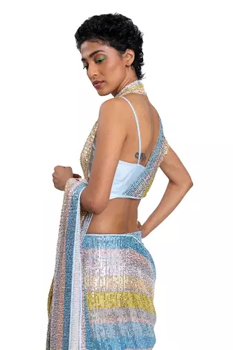 Blue Stretch Sequin Plain Saree With Blouse
