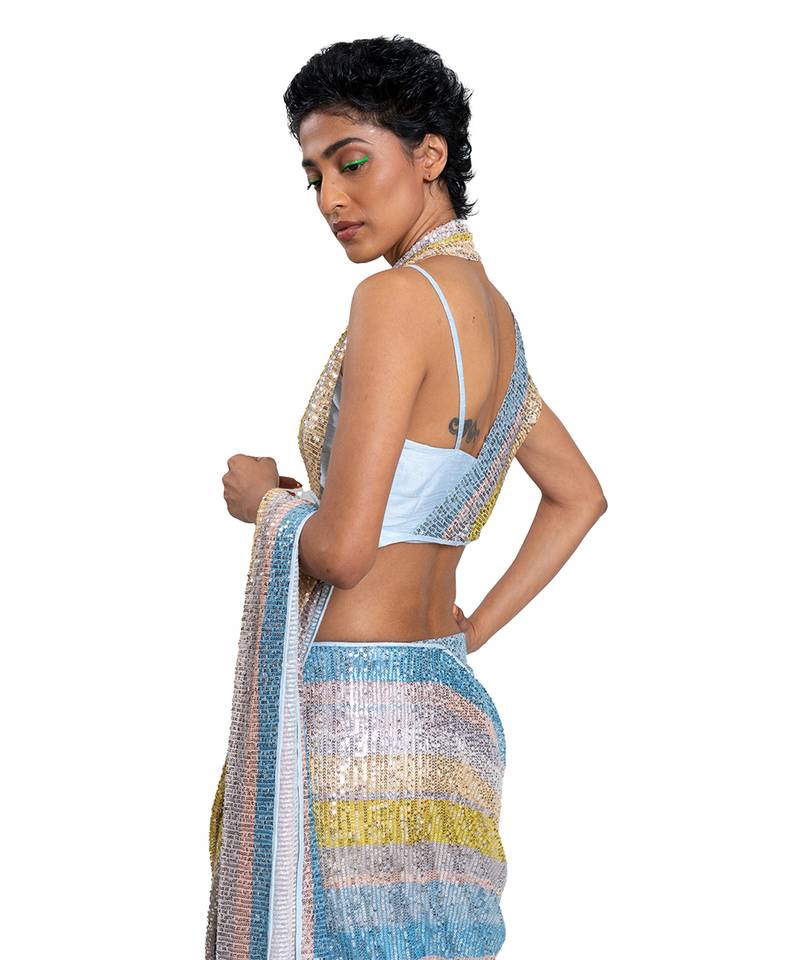 Blue Stretch Sequin Plain Saree With Blouse